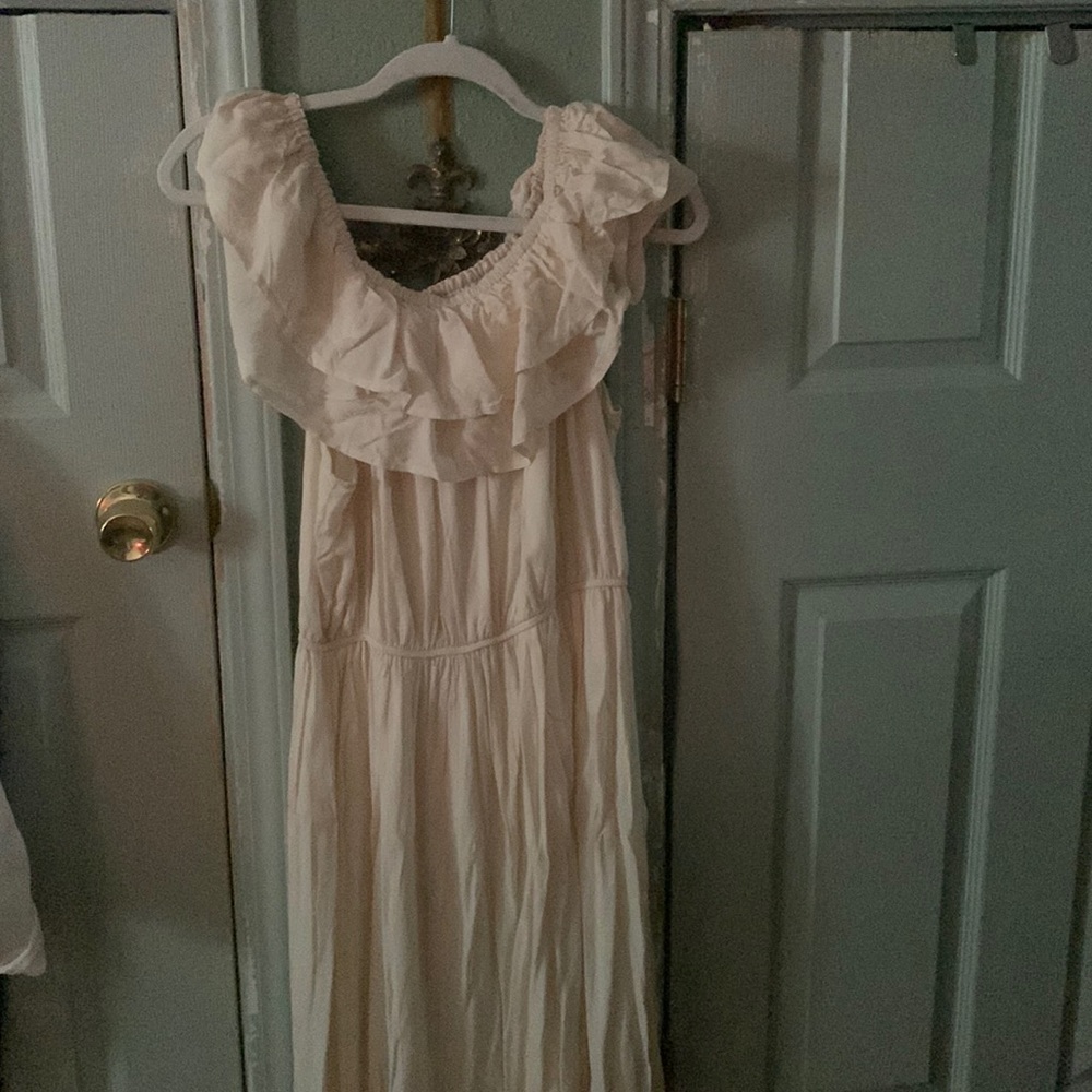Boho Stretchy Ruffle Top Maxi Cream Dress